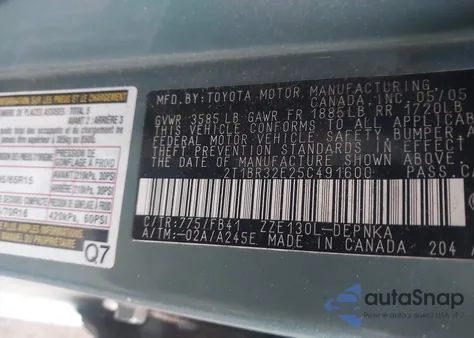 2005 Toyota Corolla Le из США, поврежденный, VIN 2T1BR32E25C491600